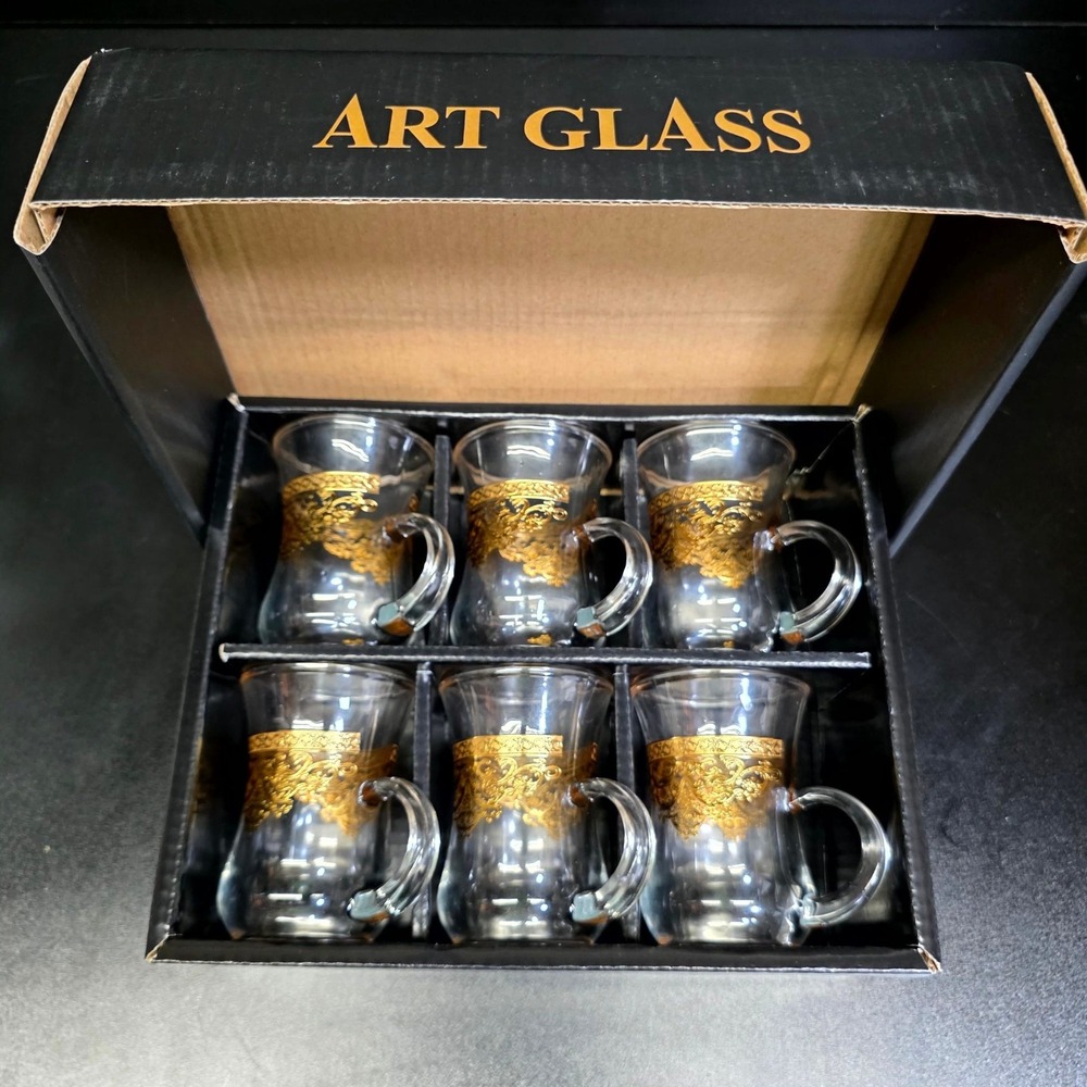 Art Glass Teacups Set of 6 Clear Gold Filigree Turkish Style Small Mugs Gift Box